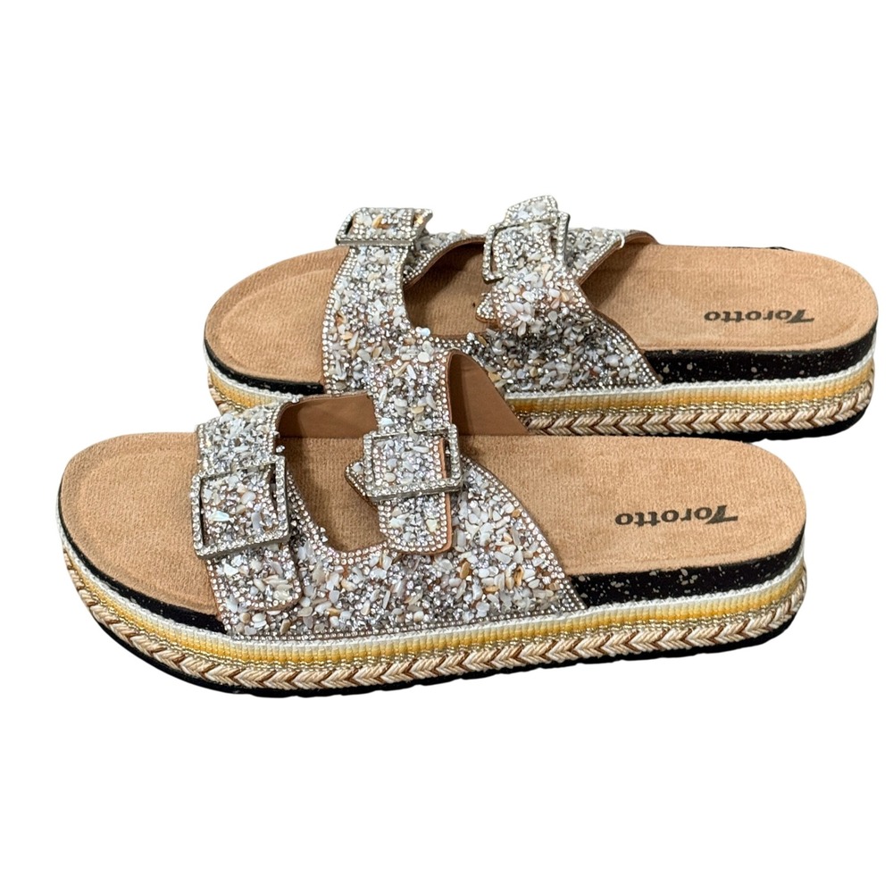 Torotto Platform Slide Sandals Rhinestone Shell Buckle Silver Gold Size 42 Women